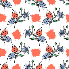 Vector seamless floral pattern with butterfly flowers, leaves, decorative elements, splash, blots, drop Hand drawn contour lines and strokes Doodle sketch style, graphic vector drawing illustration