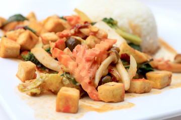 Stir Fried Tofu with Gravy Sauce and mixed vegetables in white plate on white background. Vegetarian Food, healthy food.