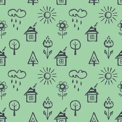 Seamless vector pattern with cute childish hand drawn  house, sun, cloud, rain, flowers, tree. Green endless doodle background with line drawing sketch elements. Graphic repeat doodle illustration