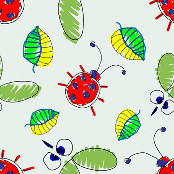 Seamless vector pattern with insect. Cute hand drawn endless background with childish ladybugs, mosquito and leaves. Series of Doodle, Cartoon and Sketch vector seamless patterns.