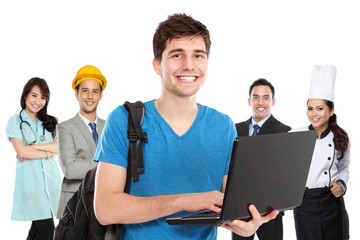young student in front of people in different kind of profession