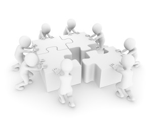 3d white people working with puzzle