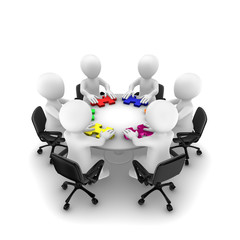 Business people with colored 3d puzzle, teamwork concept. 