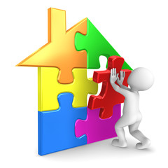 Man finishing the house puzzle. 3d rendered illustration.