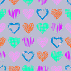 Seamless vector pattern with hearts. endless symmetrical background with hand drawn textured figures. Graphic illustration Blue Template for wrapping, web backgrounds, wallpaper