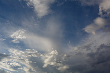 Fototapeta na wymiar Cumulus clouds against a blue sky. Partly Cloudy. Weather forecast.