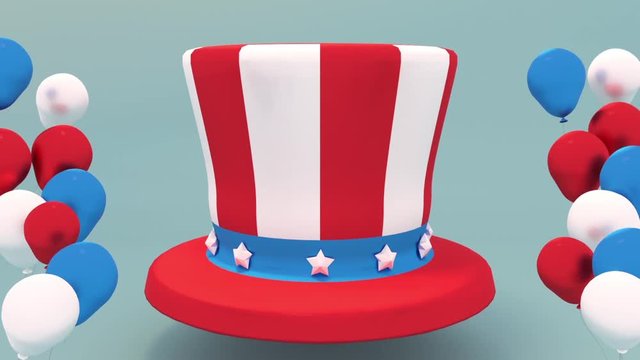 3d  motion graphic. Looped cartoon animation. 4th of July Independence Day of the United States concept. Stars and stripes hat. Red, white, blue balloons party.