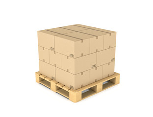 Rendering of several carton boxes stacked evenly on a double-decked pallet - obrazy, fototapety, plakaty