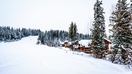 Winter Landscape with Snow Covered Roofs in the Alpine Village of Sun Peaks in the Shuswap Highlands of central British Columbia, Canada