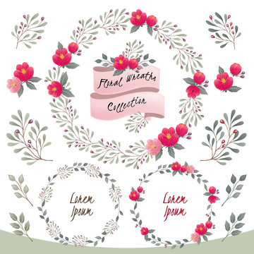 Vector illustration of a floral frame collection. A set of beautiful wreaths with flowers and branches for wedding invitations and birthday cards				