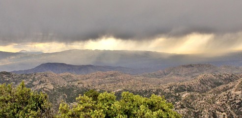 Beautiful Desert Landscape of the Catalina Mountains in Southern Arizona featuring a view of a winter storm in the distance.
