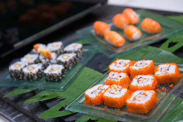 Delicious sushi set on dish