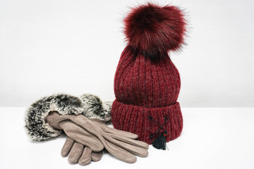 wool hat and woman gloves for winter