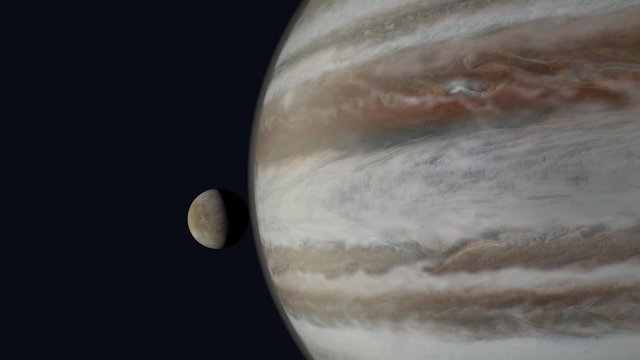 Europa and Jupiter. Europa moon orbiting planet Jupiter. Satellite view