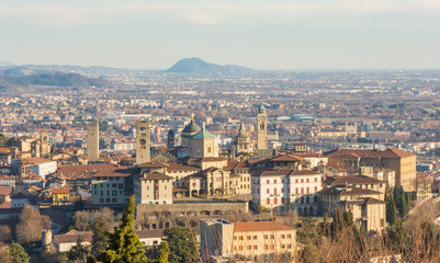 Fototapeta na wymiar Bergamo - Old city (Citta Alta). One of the beautiful city in Italy. Lombardia. Landscape of the old city from San Vigilio hill during a beautiful day.
