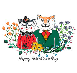 Enamoured cats. Greeting background on Valentine's Day. Feast of love. Holiday. Floral border. Sketch of animals. Colorful card. Vector illustration, eps10