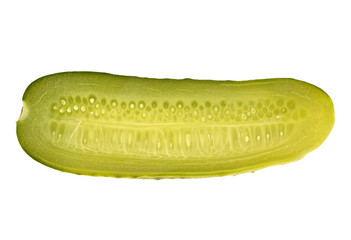 One pickled cucumber cut in half on white background