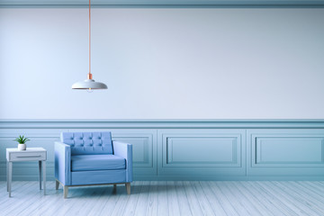 Minimalist  interior design,light blue armchair with white lamp on blue frame wall and white wood flooring , 3d render