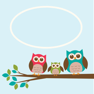 Cute owl family on branch with place for text