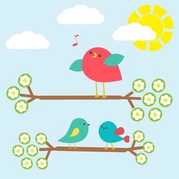 Set of cute birds on springtime branches