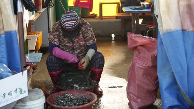 Seller cleans clams to seafood market in Asia.