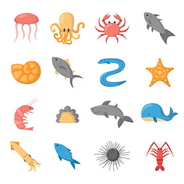 Vector cartoon sea underwater creatures icons