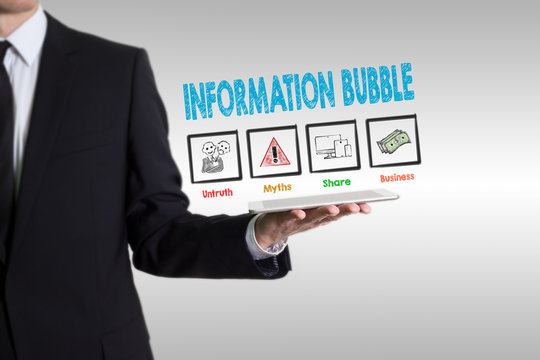 Information Bubble concept, young man holding a tablet computer