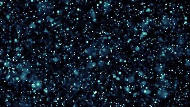 Animated background of moving light snowflakes on a dark background with depth of field, computer graphics, screen saver