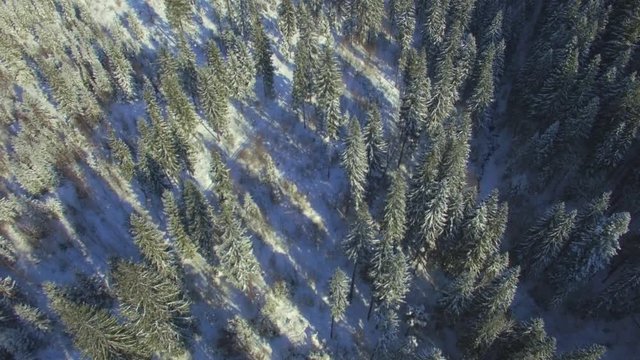 Aerial. Flying above winter mountains. Snow landscape. Top down view. 4K