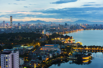 Hanoi cityscape at twilight at West Lake