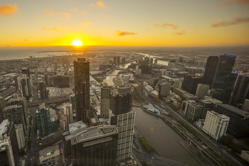 Aerial view of dramatic sunset at Melbourne city skyline