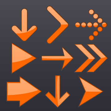 Orange arrows collection. Shiny 3d icons on dark background