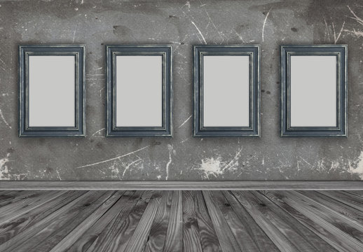 Interior with set of empty photo frames on grungy wall backgroun