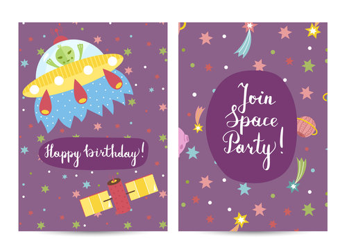 Happy birthday cartoon greeting card on space theme. Alien in flying saucer and satellite in cosmos among stars and planets on violet background vector. Bright invitation on childrens costumed party