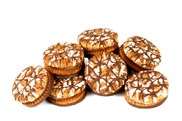 Chocolate cookies round shape closeup on a white background.