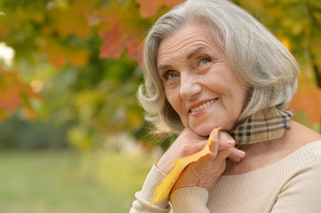 Beautiful middle-aged woman on the background of autumn leaves