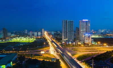 Fototapeta na wymiar Aerial view of Hanoi cityscape at twilight in Le Van Luong street