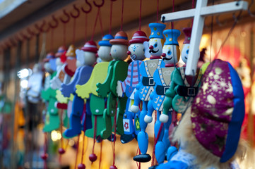 Wooden toys at Christmas Market in Saint-Petersburg, Russia.
