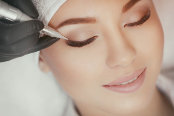 Cosmetologist making permanent make up at beauty salon - obrazy, fototapety, plakaty