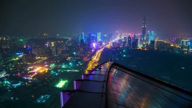 Shenzhen rooftop. Night view on the city, Timelapse. China