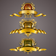 Set of golden royal shields with floral elements, ribbons, laurel wreaths for page, web design. Old frame, border, crown in vintage style for label, emblem, badge, logo. Vector illustration EPS10