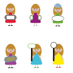 vector flat style girl with a sign in his hands in different outfits
