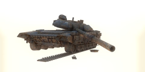 Destroyed tank. Isolated object on a white background. Illustration in 3D