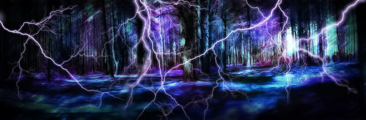 fantasy illustration magic forest in the storm. © markasia