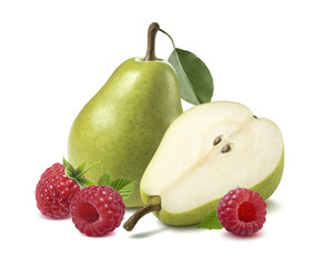 Green pears half raspberry 2 isolated on white background © yggdrasil