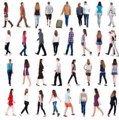 collection " back view of walking people ". going people in motion set.  backside view of person.  Rear view people collection. Isolated over white background.