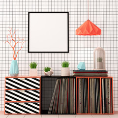 Mock up poster in the interior in the style of Memphis. 3d illustration. 3d render
