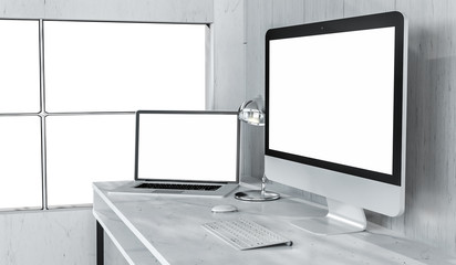 Fototapeta premium Modern desktop interior with computer and devices 3D rendering