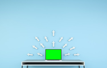 Modern desktop interior with laptop and grey arrows 3D rendering