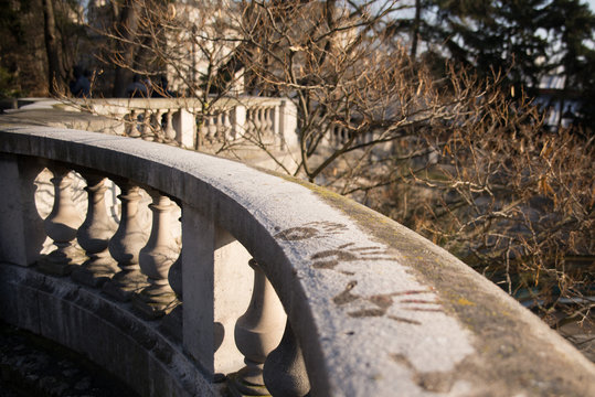 Hand prints in the snow, in Paris, terrace of the basilica